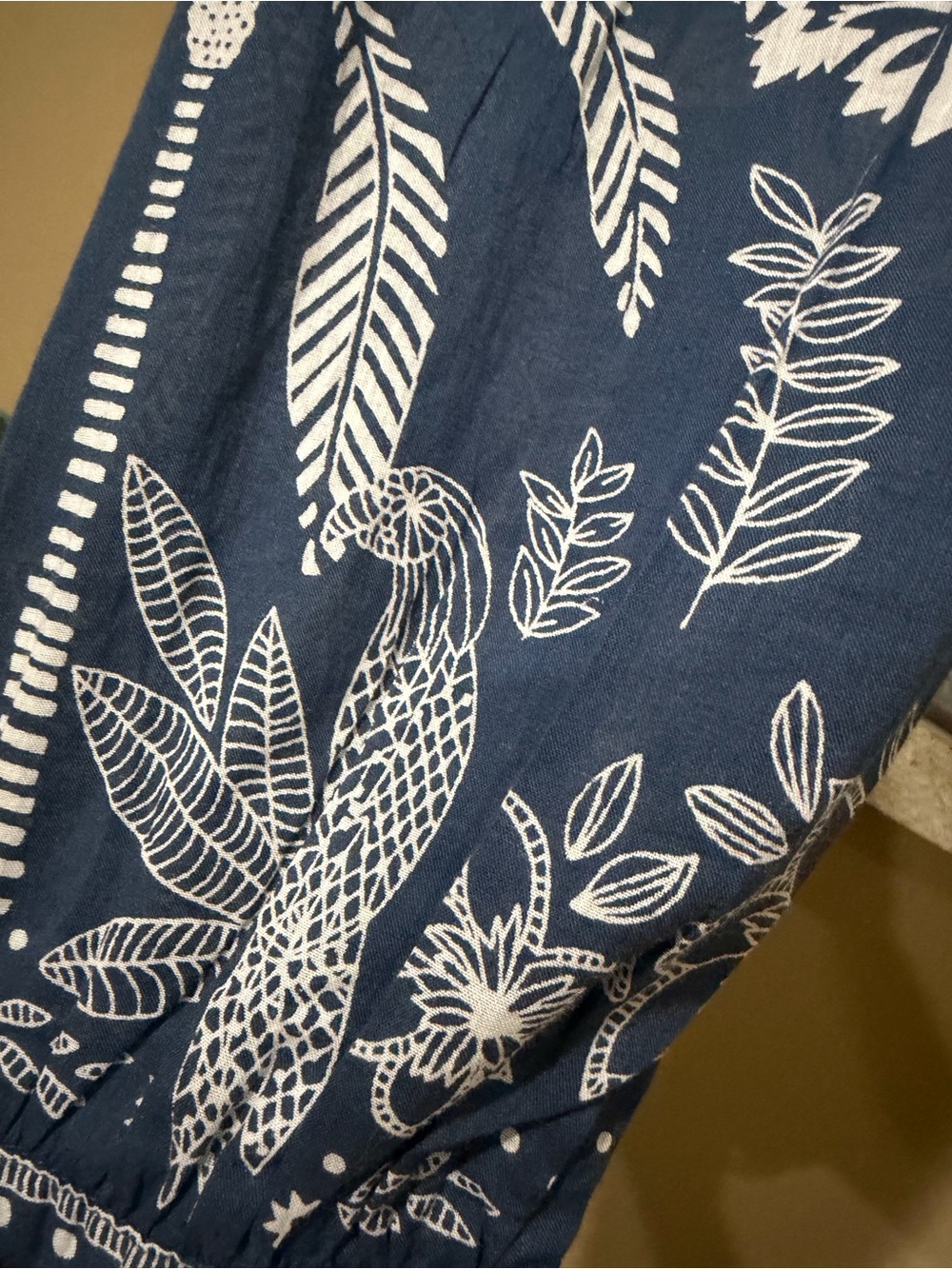 Navy & White Bohemian Boho Peasant Blouse with Tie Beaded Neck & Abalone Button - Picture 7 of 9